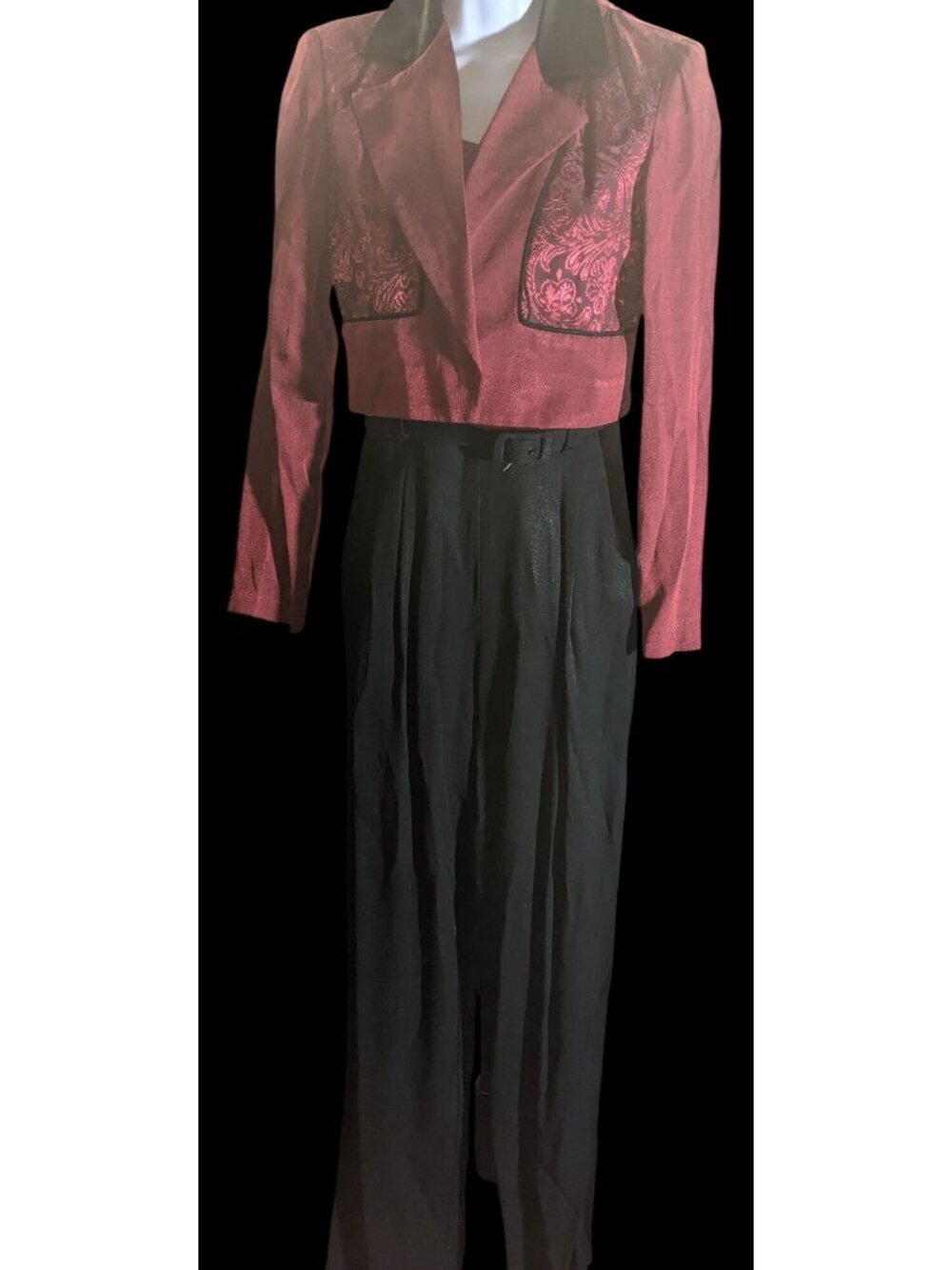 Dawn Joy II Black & Red Brocade 80s Jumpsuit With Jacket Vintage Statement Piece